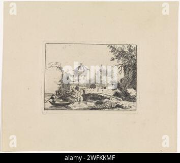 Landschaft mit einem Dorf am Wasser, Paulus Kerkhof, 1840 - 1850 Drucken Landschaft mit einem Dorf am Wasser und im Vordergrund ein Mann im Boot. Rechts vom Mann ist eine Brücke zu sehen, die zur Dorfmauer führt. Es gibt verschiedene Gebäude und ein Wasserrad hinter der Mauer. Papierätzung Ruderboot, Kanu usw. Dorf. Landschaften mit Wasser, Wasserlandschaften, Meereslandschaften (in der gemäßigten Zone). Wassermühle Stockfoto