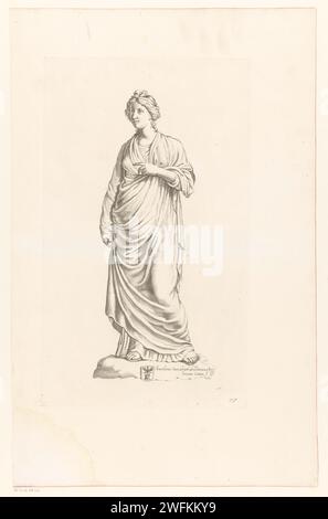 Statue einer Frau, Joan Comin, nach Joachim von Sandrart (I), 1636 unter der Statue das Wappen von Vincenzo Giustiniani drucken. Print ist Teil einer Serie von Druckgrafiken zu Skulpturen aus der Sammlung von Giustiniani in Rom. Rom Papierstich Skulptur, Reproduktion einer Skulptur Stockfoto