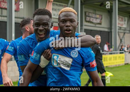 Adama Sidibeh spielte als Stürmer für Warrington Rylands gegen FC United of Manchester, Broadhurst Park, Manchester, England, 16. September 2023 Stockfoto