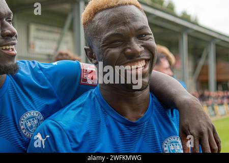 Adama Sidibeh spielte als Stürmer für Warrington Rylands gegen FC United of Manchester, Broadhurst Park, Manchester, England, 16. September 2023 Stockfoto