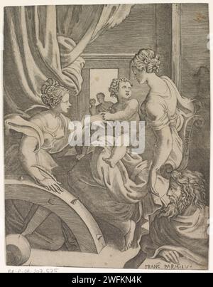 Mystische Heirat der Heiligen Katharina, 1501 - 1580 Druck Maria sitzt auf ihrem Schoß mit dem Christuskind. Christus drückt einen Ring auf den Finger der Heiligen Katharina, die vor ihm kniet. Im Vordergrund links ein Stück des Rades der Heiligen Katharina. Im Vordergrund rechts ein Mann. Italienisches Papier, das die mystische Ehe des Heiligen graviert Katharina von Alexandrien mit dem Kleinkind Christus: Das Christkind legt einen Ring an ihren Finger Stockfoto