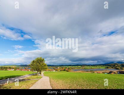 Murnau am Staffelsee: Riegsee, Dorf und Kirche Froschhausen in Oberbayern, Pfaffenwinkel, Oberbayern, Bayern, Bayern, Deutschland Stockfoto