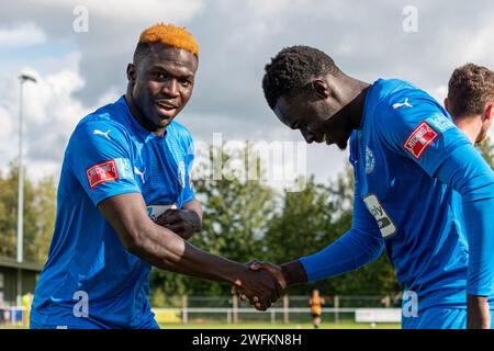 Adama Sidibeh spielte als Stürmer für Warrington Rylands gegen Morpeth Town, Warrington, England, 26. August 2023 Stockfoto