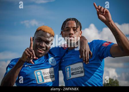 Adama Sidibeh spielte als Stürmer für Warrington Rylands gegen Morpeth Town, Warrington, England, 26. August 2023 Stockfoto