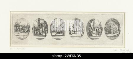Sechs Passionsszenen: Cross-Support, Christus wird den Menschen gezeigt (ecce Gay), Doornenkroning, Beneling, Christus für Pilatus, Patter, Jacques Callot, 1631 drucken sechs ovale Darstellungen von Szenen aus der leidenden Geschichte. Von links nach rechts: Kreuzträger, Christus zum Volk gezeigt (ecce Gay), Doornenkroning, Beneling, Christus für Pilatus, Sammlung. Dieser Druck ist Teil einer Serie von 13 ovalen und 7 runden Darbietungen mit Szenen aus der leidenden Geschichte und Szenen aus dem Leben Marias, verteilt auf 3 Kupferplatten. Für den zweiten Zustand dieser Serie wurden 2 der Platten in der Mitte und A geschnitten Stockfoto
