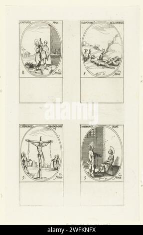 Heiliger Castor, Heiliger Karpophorus und die vier gekrönten, Krönung (höchster Erlöser), Heiliger Theodorus Tiro van Euchaita (8-9. November), Jacques Callot, 1632 - 1636 Druckblatt mit vier ovalen Darstellungen, jeweils mit Inschrift und Datum in lateinischer Sprache: links oben der Heilige Castor, der als Bildhauer arbeitet, rechts oben am Karpophorus und den vier gekrönten auf dem Boden, umgeben von Hunden, unter Christus am Kreuz, rechts unten der Heilige Theodorus Tiro von Euchaita, der von Christus im Gefängnis besucht wird. Dieser Druck ist Teil einer Druckserie mit Darstellungen der Heiligen und des Christi Stockfoto