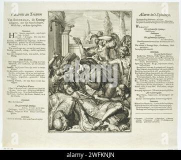 Ludwig XIV. Wird krank, nachdem er harte spanische Noten gegessen hat, Romeyn de Hooghe (Kreis von), 1706–1707 gedruckt Cartoon über den französischen König Ludwig XIV., der krank wird, nachdem er zu harte spanische Noten gegessen hat. Die Mätressen beugen sich über den König, Gebäude und Bäume im Hintergrund. Auf beiden Seiten der Platte ein Vers mit 2 Säulen in Niederländisch. Niederlande Papierätzung / Buchdruck Patient, Kranke. Politische Karikaturen und Satiren Stockfoto