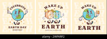 Die Grußkarte mit den coolen Retro-Zeichentrickfiguren von Wake Up Earth. Fröhlicher Planet mit lächelnden Weckfreunden Etikettenvorlagen. Vector-Logo-Maskottchen Stock Vektor