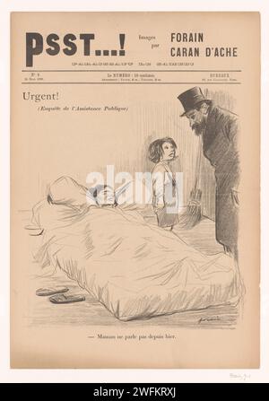 Der Mann kehrt zu seiner kranken Frau und seinem Kind, Jean-Louis Forain, 1898 gedruckt. Magazin Weekblad, bestehend aus vier politischen Karikaturen auf einem Faltmagazin. Paris Papier politische Karikaturen und Satiren. Krankenbett Stockfoto