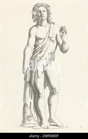Standbeeld van Bacchus, Michel, Geburt, nach Giovanni Lanfranco, 1640 Druck Statue von Bacchus, eine Tierhaut diagonal über der Schulter, mit einem Grapesros in der linken Hand. In seinen Haaren trägt er Weinblätter und Trauben. In der Mitte des Baumstamms das Wappen von Vincenzo Giustiniani. Drucken einer Serie zu den Skulpturen in der Sammlung in der Galleria Giustiniani in Rom. Papierstich (Geschichte von) Bacchus (Dionysos), Liber. Denkmal, Statue. Skulptur, Reproduktion einer Skulptur Stockfoto