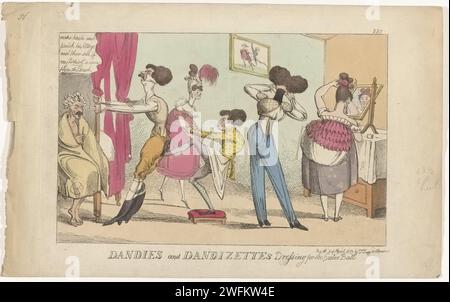 Dantys und zwei Frauen machen Toilette für den Ball, anonym, 1819 Dantys und zwei Frauen machen Toilette für den Ball. Bei einem Mann wird das Korsett fest angezogen, der andere bringt Beschläge mit. Rechts eine Frau vor dem Spiegel, links ein Mann im Bademantel mit Locken im Haar. Nummer 337 oben rechts. London Papier ätzt Dandy, Beau. Toilette machen. Toilettenbau - AA - (für) Frauen. Schnüren Sie ein Korsett. Sich anziehen, anziehen - AA - weibliche menschliche Figur. Politische Karikaturen und Satiren Stockfoto