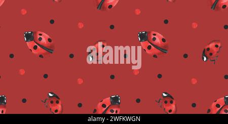 Nahtloses Wasserfarbenmuster für Damen-Insekten. Handgezeichnete rote Insekten auf weißem Hintergrund. Sommer, Frühling. Für Textilien, Stoff, Servietten, Tapeten. Roter Backgr Stockfoto