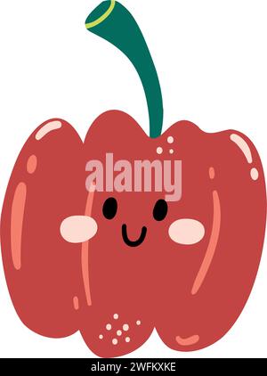 Niedliche handgezeichnete Paprika lächelnd. Kawaii lustige Gemüsefigur für Kinder. Stock Vektor