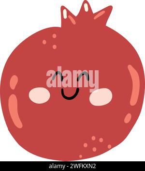 Niedlicher handgezeichneter Granatapfel lächelnd. Kawaii lustige Fruchtfigur für Kinder Stock Vektor