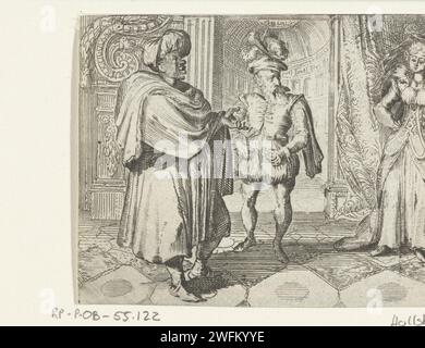 Illustration für Le Petit Chien von Contes et nouvelles von Fontaine, Romeyn de Hooghe, 1685 Illustration für Le Petit Chien von Contes et nouvelles von Fontaine. Ein schwarzer Mann mit Turban spricht eine Dame an. Zwischen ihnen ein älterer Mann, der seine Hose öffnet oder schließt. Auf der Rückseite des Texttextes im Buchdruck. Niederlande Papierätzung / Kupferstich (Szenen aus) spezifische Werke der Literatur (mit AUTOR, Titel) Stockfoto