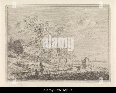 Landschaft mit Karren und zwei Fischern, Johannes Christiaan Janson, 1778–1823 Druck Landschaft mit einer Straße entlang eines Grabens mit einem Karren darauf. Links ein Bauernhof und zwei Fischer im Vordergrund. Papierätzfarm oder Einzelhaus in der Landschaft. fischer Stockfoto