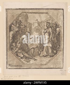 Psyche als Göttin, die vom Volk verehrt wurde, Antonio da Trento, Niccolò Vicentino, nach Francesco Salviati, 1602 Druck auf einem Stadsplein das Volk bringt Opfer für die Königstochter Psyche. Mantua Paper Psyche, verehrt als Göttin, befällt Venus' Wut. Platz, Ort, Zirkus usw. Stockfoto