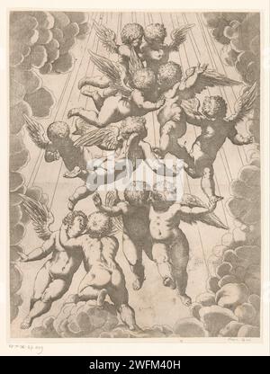 Engelen in glorie, anonym, nach Guido Reni, nach Luca Cambiaso, in oder nach 1607 drucken Eine Gruppe von schwimmenden Putten, umgeben von Wolken. Italien Papierätzung Cupids: 'Amores', 'Amoretti', 'Putti' Stockfoto