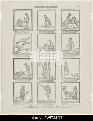 Sehen Sie sich hier Ihre Unterhaltung an, die Sie schon spielen können, / in diesem Moment, o Jugend! U MOOG 'BLOOING, 1828 - 1849 Print Blatt mit 12 Darbietungen von Figuren, Aktivitäten und Kinderspielen. Unter jedem Bild ein zwei-Wege-Vers. Rechts oben nummeriert: N. 65. Amsterdampublisher: Deventerprint Maker: Niederlande Papier Buchdruck menschliche Typen. Spiele und Spiele für Kinder. Wandern, Wandern (Erholung). Schaukelpferd. Gartenarbeit. Vögel Stockfoto