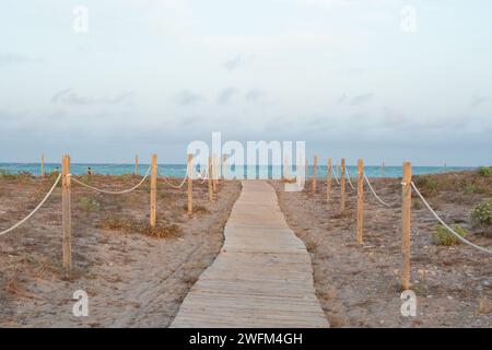 Eine idyllische Landschaft mit einem Weg mit Holzkacheln, der zum Meer führt. Hölzerner Meeresweg auf Platja de Canet, Canet d'en Berenguer, Sagunto, Spanien. S Stockfoto