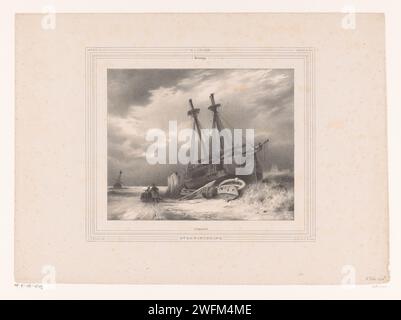 Winterlandschaft mit Schiff am Strand, Carel Christiaan Antonius zuletzt, nach Wijnand Nuijen, 1837 - 1840 drucken Ein Segelschiff ist am Strand, zwei Figuren an Deck. Es gibt drei Ruderboote auf dem Schiff. Weiter am Strand noch ein Segelschiff. Ein Mann und eine Frau gehen neben dem Boot. Oben links nummeriert: Pantheon pl. III Drucker: Dordrechtpublisher: Die Haager Papierschiffe, Boote an Land, gefischt. Frost, eiskaltes Wetter. Segelschiff, Segelboot Stockfoto
