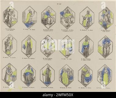 Heilige und Engel, 1800 - 1833 Druck Blatt mit 18 Darstellungen von Heiligen und Engeln, einschließlich St. Daniël, St. Benedictus, St. Anna und St. Antonius. Eine Beschriftung unter jeder Performance. In der Mitte nummeriert: Nr. 207. Turnwood-Papier, Buchdruck, Heilige. Benedikt von Nurcia, Abt von Monte Cassino und Gründer des Benediktinerordens; mögliche Attribute: Aspergillum, Buch, Becher (manchmal gebrochen), Raben mit Brot, Sieb (oder Fach). Eine Reihe von Szenen aus dem Leben von Johannes dem Täufer. Anna, Mutter Mariens; mögliche Attribute: Buch, Christkind, Lilie, Jungfrau Maria. Der Franziskanermönch Ant Stockfoto