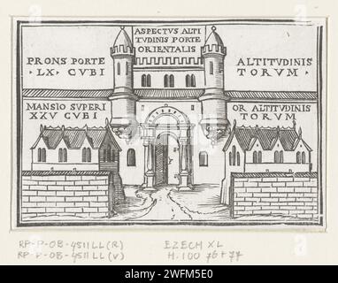 Oostpoort des neuen Tempels in Visioen van Ezekiel, Hans Holbein (II), 1538 Druckfassade des Oostpoorts des neuen Tempels mit zwei Warteräumen innerhalb der Außenwand. Es gibt einen lateinischen Text mit den verschiedenen Teilen. Dieses Bild bezieht sich auf die Vision von Ezekiel, in der er die Größe des neuen Tempels erhält. Am Rand über dem Bild befindet sich der Text Ezec XL. Papier Ezekiels Vision des neuen Tempels (Hesekiel 40 - 47:12) Stockfoto