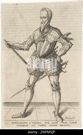 Porträt von Ferdinand van Toledo, Herzog von Alva, Christoffel van SiChem (I), in oder vor 1601 Druck Porträt von Fernando Alvarez de Toledo, Herzog von Alva. Er hat einen Kommandostab in der Hand und hält seine andere Hand auf seiner Hüfte. Unter dem lateinischen Druck Alvas Name und Funktion. Papiergravur/Ätzung/Buchdruck Stockfoto