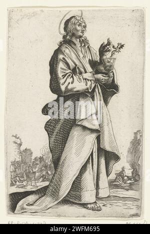 Apostel Johannes de Evangelist, Anonym, nach Jacques Callot, 1631–1699 Druck Johannes, in der Reihe, ein Becher in der Hand, aus dem ein Drachentier fliegt. Im Hintergrund rechts Johannes auf der Insel Patmos; im Hintergrund links Johannes in einem Topf kochendem Öl. Dieser Druck ist Teil einer Serie von (wahrscheinlich) 16 Drucken, bestehend aus einer Titelseite und (wahrscheinlich) 15 Porträts, die Christus, Maria und die Apostel darstellen; es handelt sich um eine Serie von Kopien im Spiegelbild der sogenannten „großen Apostel“. Frankreich (möglicherweise) Papiergravur des Apostels Johannes des Evangelisten; mögliche Attribute: bo Stockfoto