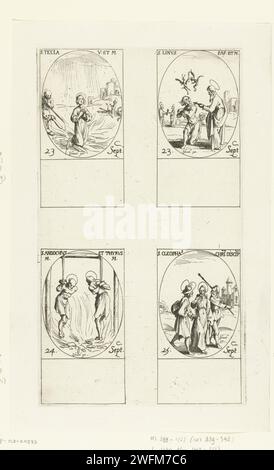 Heilige Thekla Ikonium, Heiliger Linus, Heiliger Andochius und Heiliger Thyrsus van Autun, Heiliger Kleopas (23-25. September), Jacques Callot, 1632 - 1636 Druckbogen mit vier ovalen Darstellungen, jeweils mit Inschrift und Datum in lateinischer Sprache: oben links der Heiligen Thekla von ikonium auf einem Pfahl, oben rechts der Heilige Linus, der die Teufel treibt, unterhalb des Heiligen Andochius und des Heiligen Thyrsus, der an ihren Armen über einem Pfahl hängt, unten rechts, unterhalb des Heiligen Kleopas, der neben Christus und einem anderen Reisenden geht. Dieser Druck ist Teil einer Druckserie mit Darstellungen der Heiligen und des christlichen Heiligtums Stockfoto