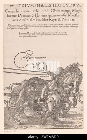 Triumphwagen von Kaiser Maximilian I., Hans Guldenmund, nach Albrecht Dürer, 1545 druckte der große Triumphwagen zu Ehren Kaiser Maximilians I. bei seinem Tod am 12. Januar 1519. Drittes Blatt mit den ersten Spannpferden mit Providentia und moderatio. Druckerei: DeutschlandVerlag: Antwerpener Papier Buchdruck Wagen, Triumphwagen Stockfoto