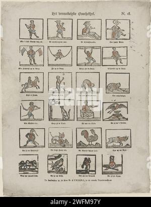 The Vermakelyke Goochelspel, 1831 - 1854 Print Blatt mit 24 Darbietungen verschiedener Figuren, Tiere und einem Schädel. Eine Beschriftung unter jeder Performance. Rechts oben nummeriert: N. 18. Verlag: Amsterdamprint Maker: Niederlande Papier Buchdruck Tiere. Menschliche Typen. Karikaturen (menschliche Typen) Stockfoto