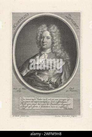 Porträt von Cornelis Sweerts, Jacob Houbraken, nach Adriaen Foly, 1725 Druck Porträt des Dichters Cornelis Sweerts. Amsterdamer Papierätzung/Gravur Stockfoto