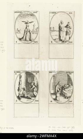 Heilige Medardus von Noyon, Heiliger Kalliope, Heiliger Primus und Heiliger Felicianus von Rom, Heilige Margaretha von Schottland (8-10. Juni), Jacques Callot, 1632 - 1636 Druck Blatt mit vier ovalen Darstellungen, jede mit Inschrift und Datum in lateinischer Sprache: oben links in der Heiligen Medardus von Noyon mit einem Adler und einer Regenwolke über seinem Kopf, oben rechts in der heiligen Kalliope, die mit einem glühenden Eisen gefoltert wird, unter dem Heiligen Primus und dem Heiligen Felicianus mit einem Engel im Gefängnis, unter der heiligen Margaretha van Scotland mit zwei Leuten in einem Bett. Dieser Druck ist Teil einer Serie von Drucken mit Repräsentatio Stockfoto