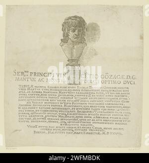 Titeldruck mit Porträt des Künstlers Andrea Mantegna, Andrea Andreani, nach Bernardo Malpizzi, nach Andrea Mantegna, 1599 Titeldruck mit Porträtbüste des Künstlers Andrea Mantegna und lateinischem Text. Druckerei: Italien Zeichnung von: MantuaAfter Skulptur von: MantuaMantuaMantua Papiertriumph von Caesar. Historische Personen Stockfoto