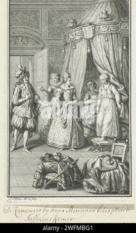 Liebespaar erwischt in einem Schlafzimmer, Jacob Folkema, 1702 - 1767 drucken drei reich gekleidete Figuren betreten ein Schlafzimmer und finden einen Mann und eine Frau im Bett, die sich etwas verfangen fühlen. Der Mann blieb im Bett, während die Frau in einem Nachthemd aus dem Bett stieg. Im Vordergrund wird die Kleidung über einen Stuhl und einen Hocker gezogen. Schlafzimmer mit Papierätzung. Unterbrochenes Meeting, Liebhaber überrascht Stockfoto