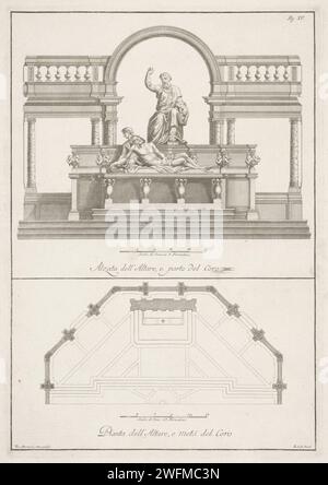 Altaar en Koor in Het Baptisterium von San Giovanni Te Florence, Bernardo Sansone Sgrilli, nach Vincelaus Ramponi, 1733–1755 Druckaltar und eine Karte des Chors im Battistero di San Giovanni in Florenz. Rechts oben nummeriert: Abb. XV Italien Altar mit Altarbild aus Papier. Teile der Kirche außen und Nebengebäude: Chor - QQ - kleine Kirche, Kapelle. Skulptur, Reproduktion einer Skulptur Bond Stockfoto