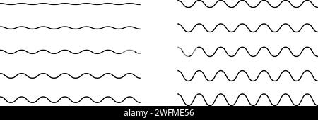 Satz horizontaler Wellenlinien. Einfache Wellenlinien. Sinus-, Wasser-, Flüssigkeits-, Luft- oder Windsymbole auf weißem Hintergrund. Schilder auf Fluss, Meer, See oder Meer. Vektorkontur, Abbildung. Stock Vektor