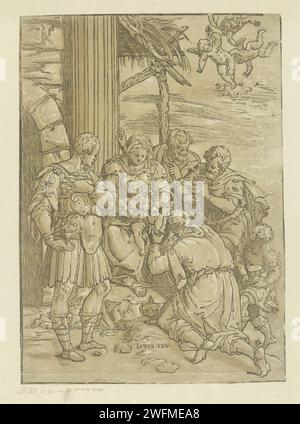 Anbetung durch die Könige, Andrea Andreani, nach Aurelio Luini, ca. 1568–1629 drucken die drei Könige verehren das Christuskind und bieten Geschenke an. Balthazar ist links im Vordergrund. Hinter Maria steht Joseph. Drei Engel fliegen in der Luft. Italien Papierhandlung der Könige: Die Weisen schenken dem Christuskind ihre Geschenke (Gold, Weihrauch und Myrrhe) Stockfoto