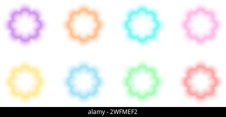 Set trendiger y2k-Aufkleber mit Farbverlauf-Aura-Effekt. Niedliche bunte Blumenformen im holografischen unscharfen Stil isoliert auf weißem Hintergrund. Vektorabbildung. Stock Vektor