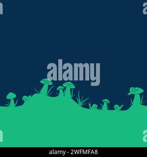 Horizontales nahtloses Muster mit Pilzen und Schnecken. Farbvektorillustration mit isolierten Objekten. Stock Vektor