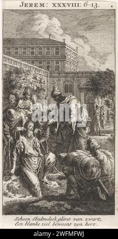 Jeremiah zog sich aus der Grube, Anonym, nach Jan Luyken, 1712 Druck Amsterdam Papier ätzend Jeremiah wird aus dem Kerker entlassen Stockfoto