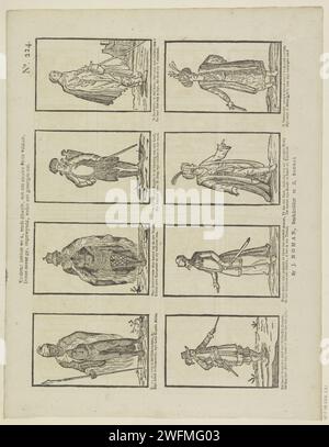Kinder! Haben wir schon mit einem neuen Druck zufrieden, / das nimmt euch, Gyfeld, wieder mit Freude, 1806 - 1830 Print Blatt mit 8 Darstellungen von Figuren aus verschiedenen Ländern. Unter jedem Bild ein zwei-Wege-Vers. Rechts oben nummeriert: Nr. 224. Druckerei: Niederlande Verlag: Zaltbommel Papier Buchdruck menschliche Typen. Afrikaner. Afrikaner. Asiatische Rassen und Völker: Perser. Asiatische Rassen und Völker: Türken. Europäer Stockfoto