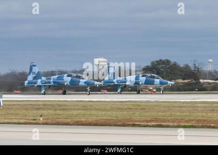 T-38 Talon-Flugzeuge mit San Antonio Fiesta-Würdenträgern starten während eines Orientierungsfluges am 25. Januar 2024 auf der Joint Base San Antonio-Randolph, Texas. Fiesta ist eine Erinnerung an die Schlachten am Alamo und San Jacinto. Es wurde zu einer Feier der Kulturen San Antonios entwickelt und ist heute eines der wichtigsten Festivals des Landes. (Foto der U.S. Air Force von Sean Worrell) Stockfoto