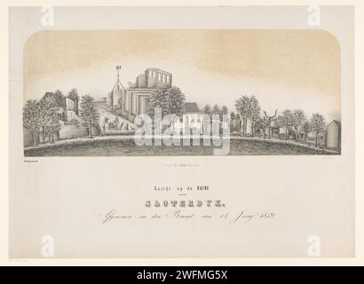 Blick auf die Ruine von Sloterdijk, M. van der lugt, 1859 Druck verbrannte Gebäude befinden sich auf einer Wiese. In der Mitte das Haus veritas, das verschont wurde. Amsterdam Papierruine eines Gebäudes  Architektur Sloterdijk Stockfoto