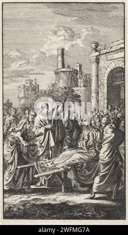 Wiederbelebung des Sohnes der Witwe von Nain, Jan Luyken, 1712 Druck Amsterdamer Papier Ätzen Christus berührt das Bier des Sohnes der Witwe von Nain: Der junge Mann setzt sich auf Stockfoto