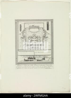 Karte und Querschnitt der Thermen von Caracalla in Rom, Giovanni Battista Piranesi, ca. 1756 - ca. 1757 Druck über einer Karte der Thermen von Caracalla. Oben links und oben rechts Details zu Materialien. Unter einem Querschnitt der Thermen. Oben links nummeriert: Tom. I. Rechts oben nummeriert: XL. Titel und ein zweizeiliger Text in lateinischer Sprache in Submarge. Rom Papierätzung Ruine eines Gebäudes  Architektur. Planung  Architektur. Öffentliche Bäder Thermen aus Caracalla Stockfoto
