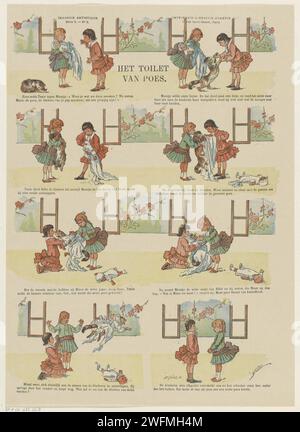 Poes' Toilette, 1886 Blatt mit 8 Aufführungen von zwei Mädchen, die zögern, eine Katzenpuppe zu kleiden. Eine Beschriftung unter jeder Performance. Nummer oben links: Série 3. - Nr. 9. Paris Papier Buchdruck Märchen und Märchen. Kind, das mit Tieren spielt. (Spielt mit) Puppen. Kat Stockfoto