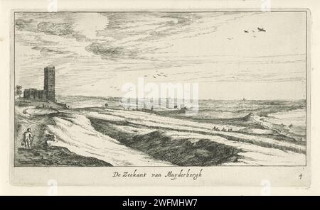 Blick auf die Zuiderzee, Geertruydt Roghman, nach Roelant Roghman, 1637–1652 Druckbild von Muiderberg auf der Zuiderzee, mit der alten Kirche (heute Kerk aan Zee genannt) mit ihrem stumpfen Turm auf der linken Seite. Der Druck ist Teil einer Reihe von Landschaften mit Dörfern rund um Amsterdam. Unten rechts nummeriert: 4. Amsterdam Papier Radierung / Gravur Kirche (außen) Zuiderzee. Muiderberg Stockfoto
