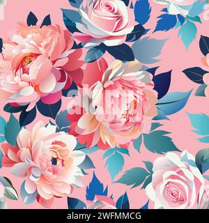 Rosen und Pfingstrosen mit nahtlosem Wendemuster. Stoffkleidung Vintage-Dekorationsmuster. Hand gezeichneter Vektor Blume abstrakter Hintergrund. Stock Vektor